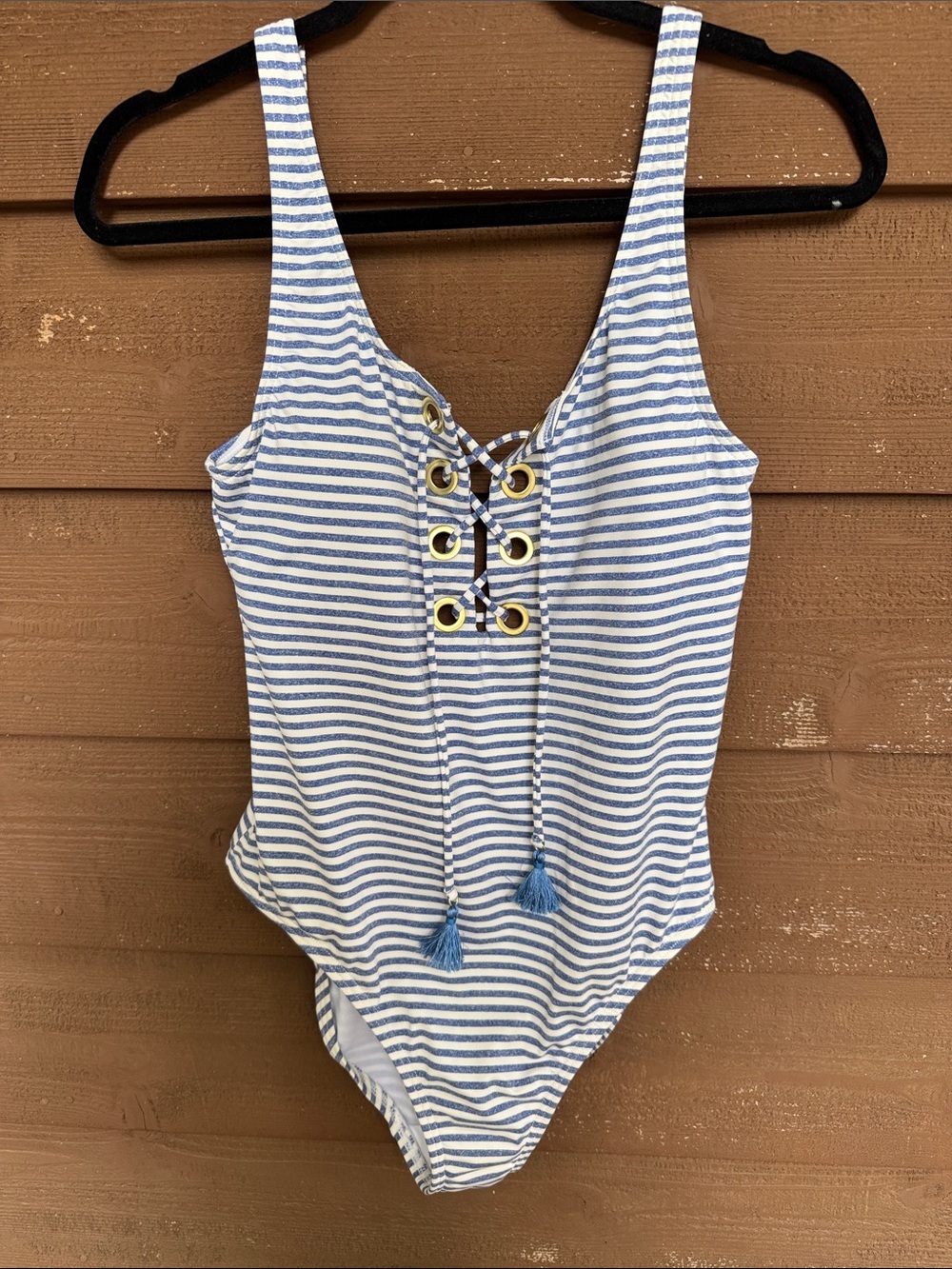 Daniel Cremieux Blue and White Striped Lace-Up One Piece Swimsuit size Large